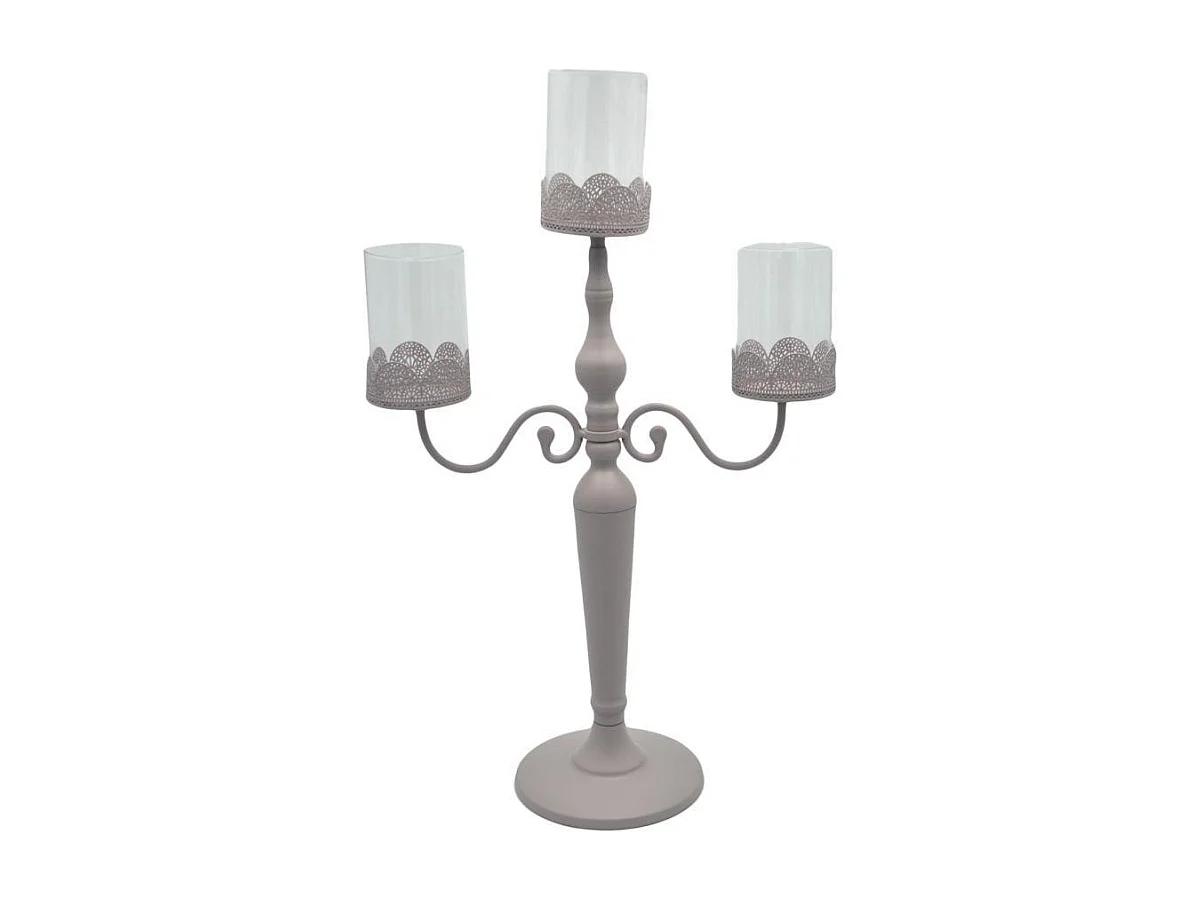 Portacandele candelabro metallo tortora3 posti con vetro cm38x17h62