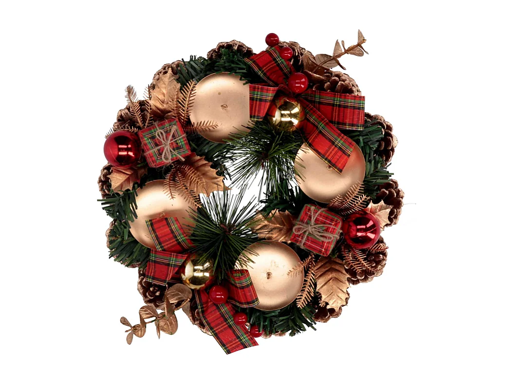 Portacandele con pigne rosso scozzese tondo cm ø22