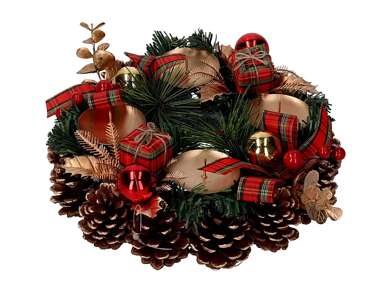 Portacandele con pigne rosso scozzese tondo cm ø22