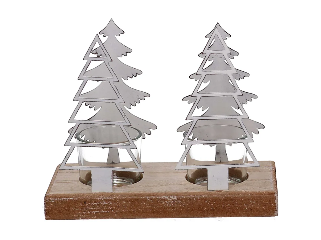 Set di 2 Portacandele metallo 2 posti alberi bianco cm 18x8h15