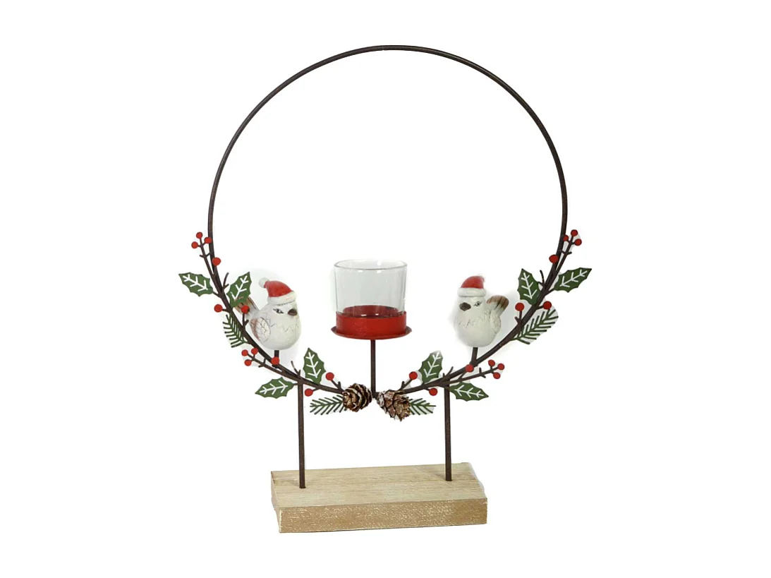 Portacandele metallo con uccellini rosso cm 29x7h35