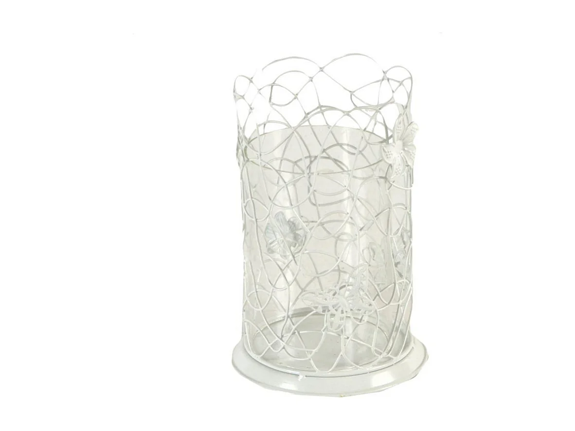 Portacandele metallo bianco c/farfalle grande cm13x13h20