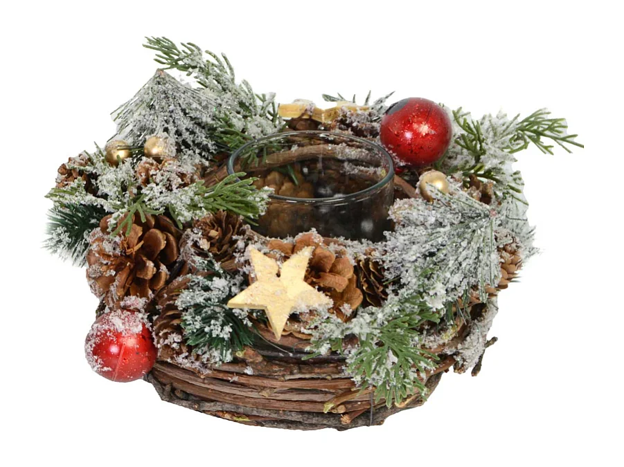 Portacandele innevato con bacche rosse e pigne cm ø24h14