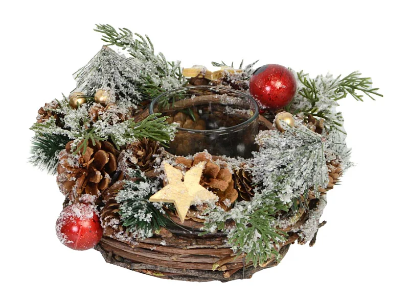 Portacandele innevato con bacche rosse e pigne cm ø24h14