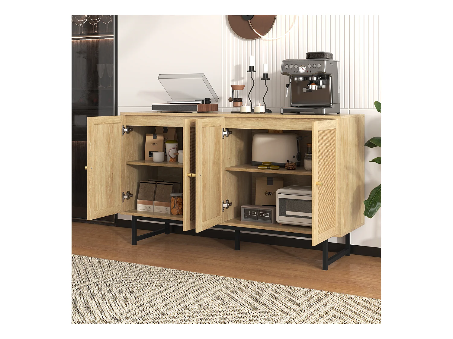 Móveis de armazenamento de 140 cm, aparador para sala de estar com 4 portas de vime, prateleira ajustável, pernas de metal