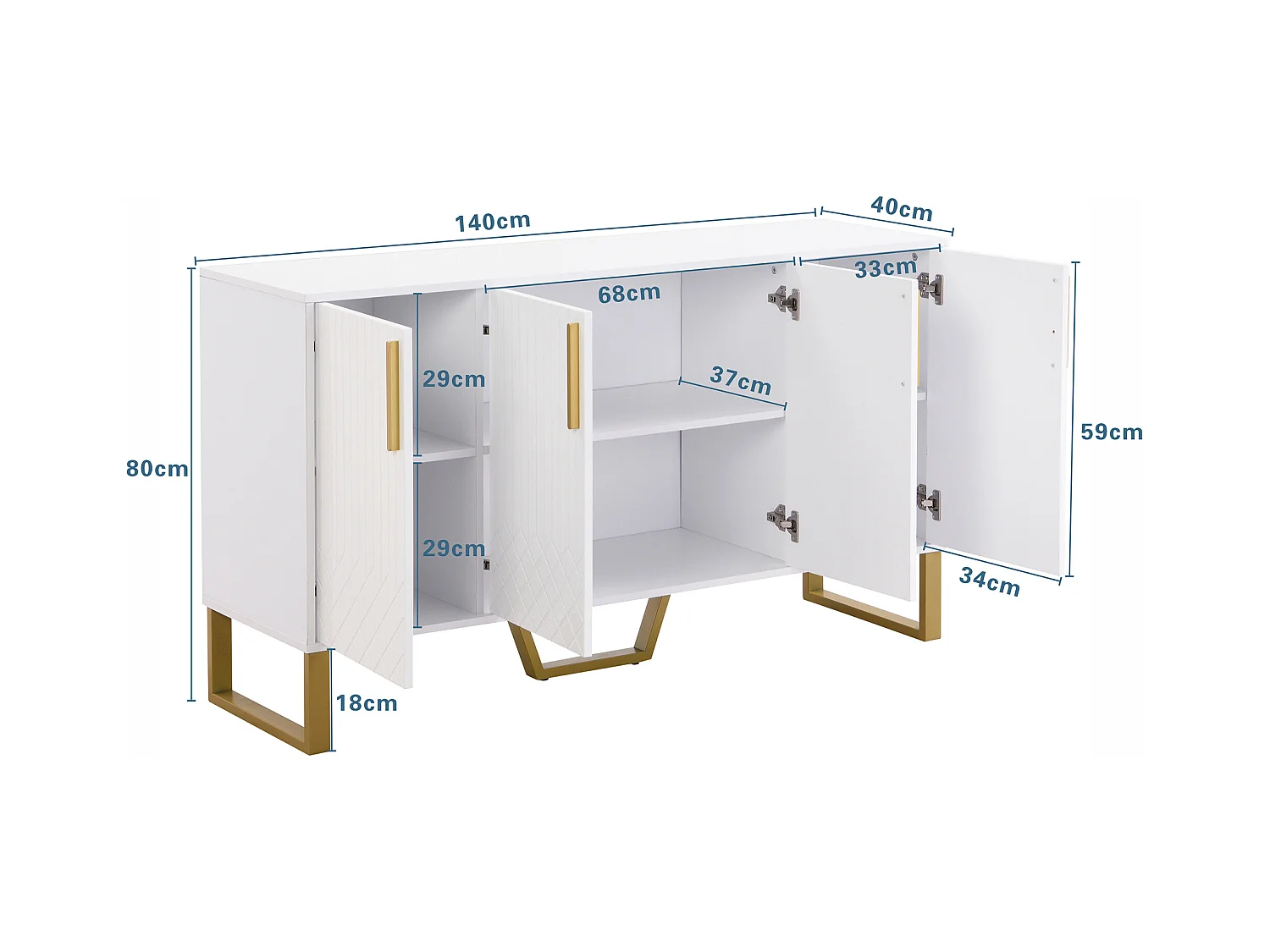 Aparador brilhante de 4 portas com puxadores e pés de metal, desenho geométrico branco