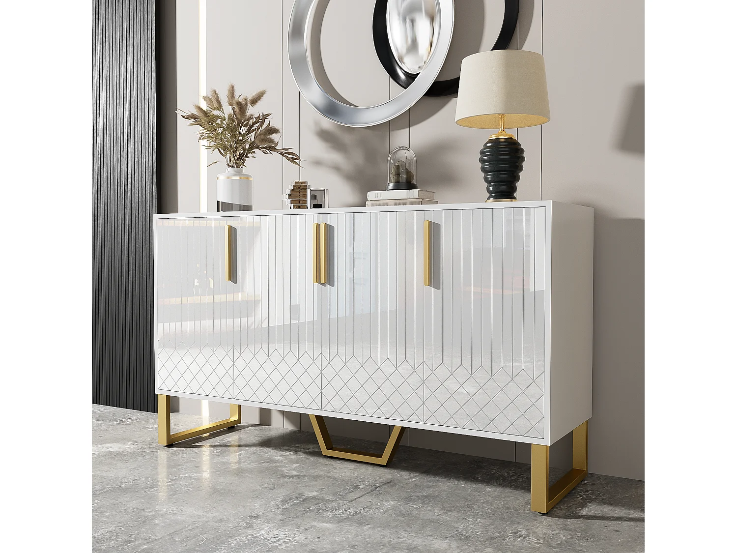 Buffet brillant à 4 portes, poignées et pieds en métal, design géométrique blanc