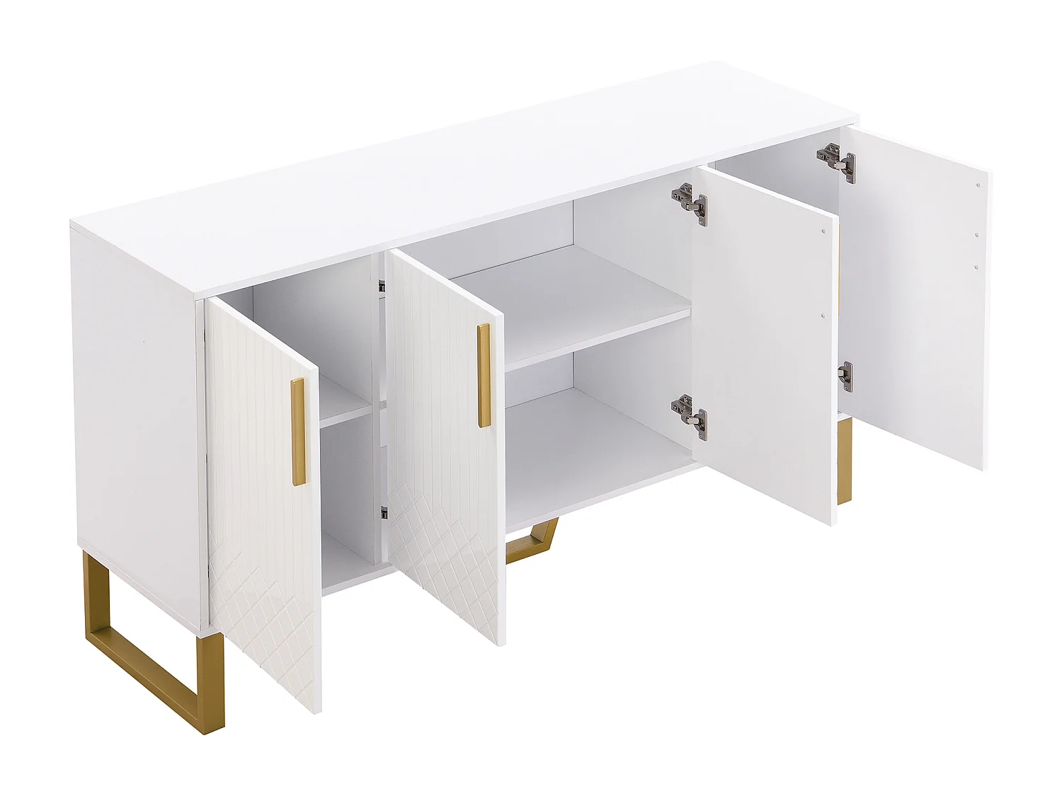 Buffet brillant à 4 portes, poignées et pieds en métal, design géométrique blanc