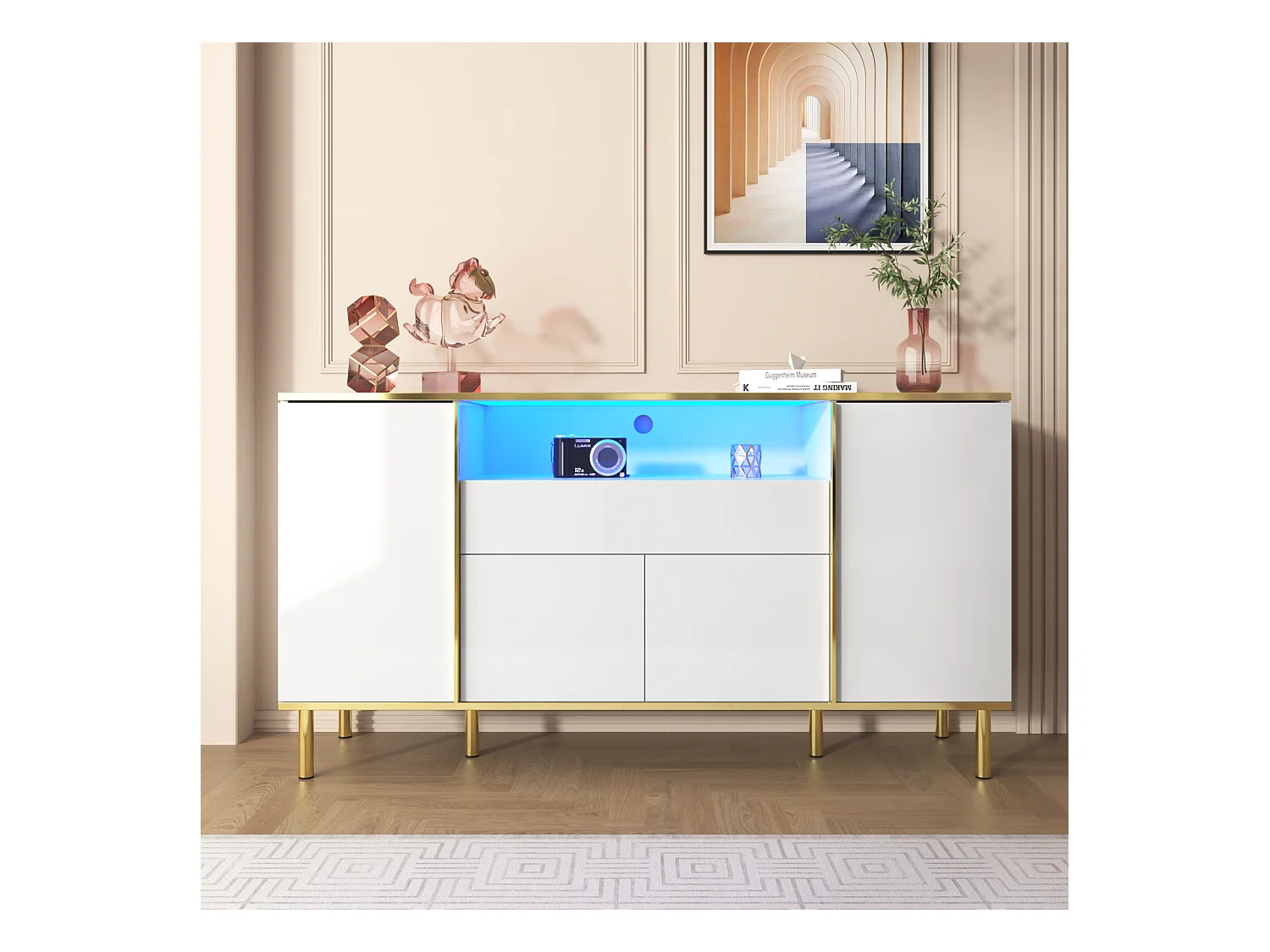 Meuble de Rangement blanc Buffet avec Quatre Portes et Deux tiroirs Armoire LED Moderne
