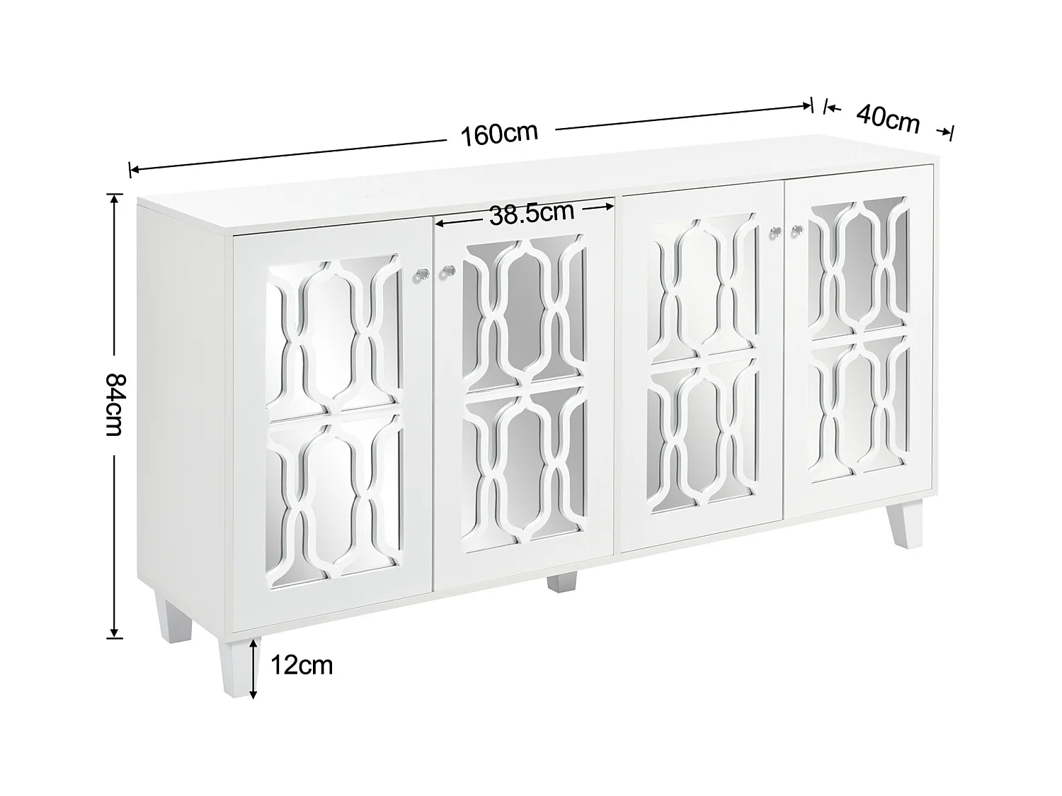 Aparador elegante com espelho branco, aparador versátil – 4 portas, prateleira ajustável
