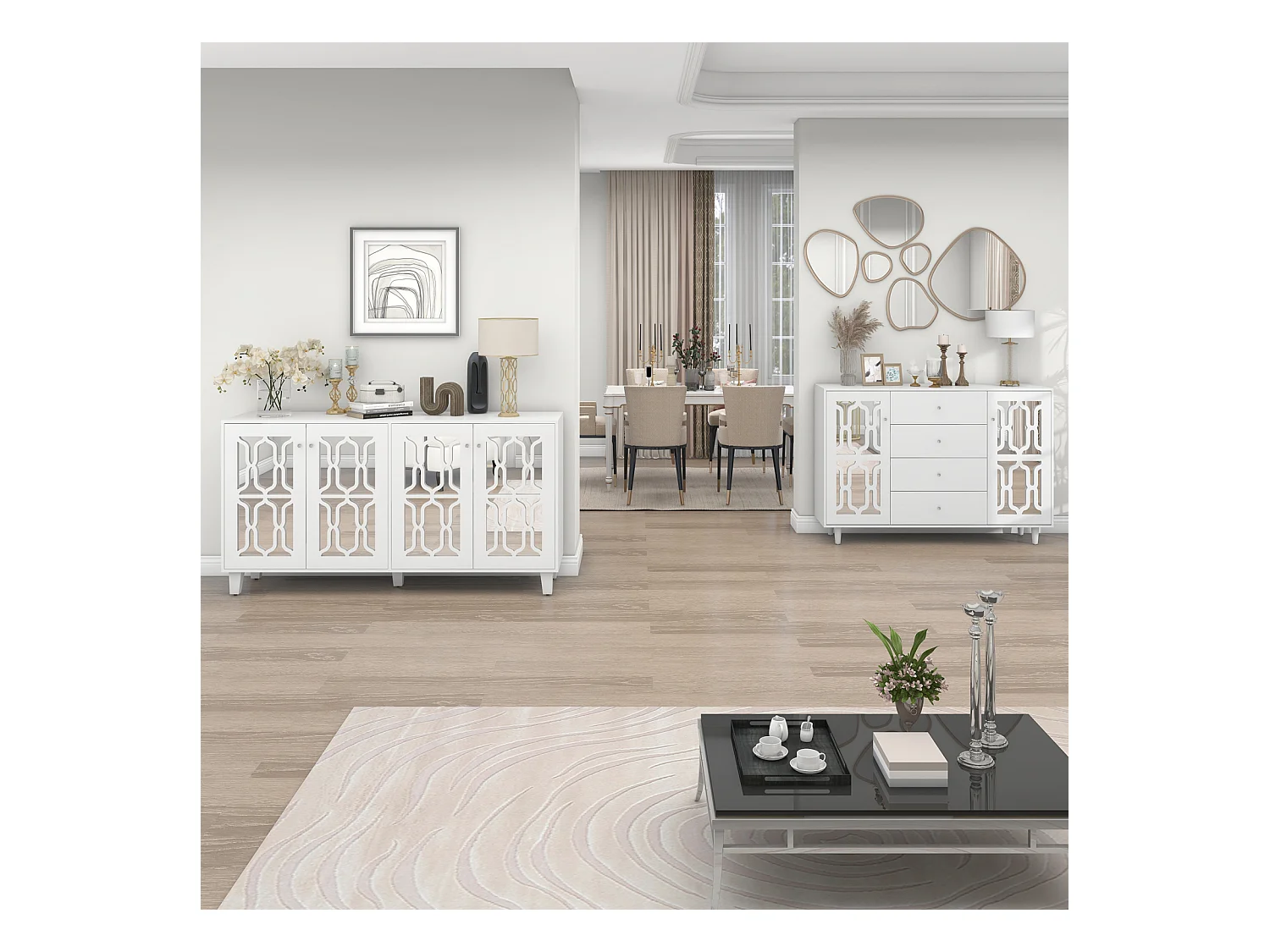 Aparador elegante com espelho branco, aparador versátil – 4 portas, prateleira ajustável