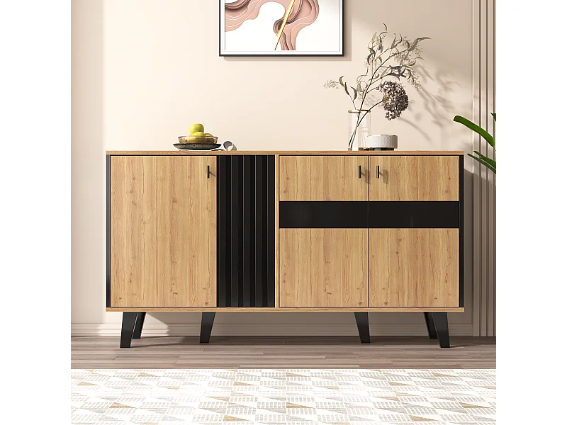 Buffet avec lumière LED - Commode Moderne avec 3 Portes et Verre - Couleur Bois