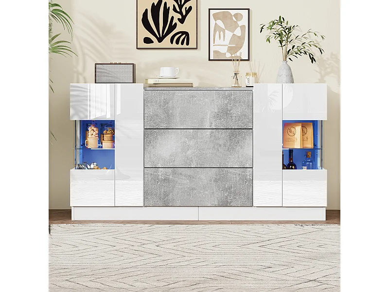 Elegante aparador, guarda-roupa com 2 portas e 3 gavetas, cômoda com iluminação LED em 16 cores