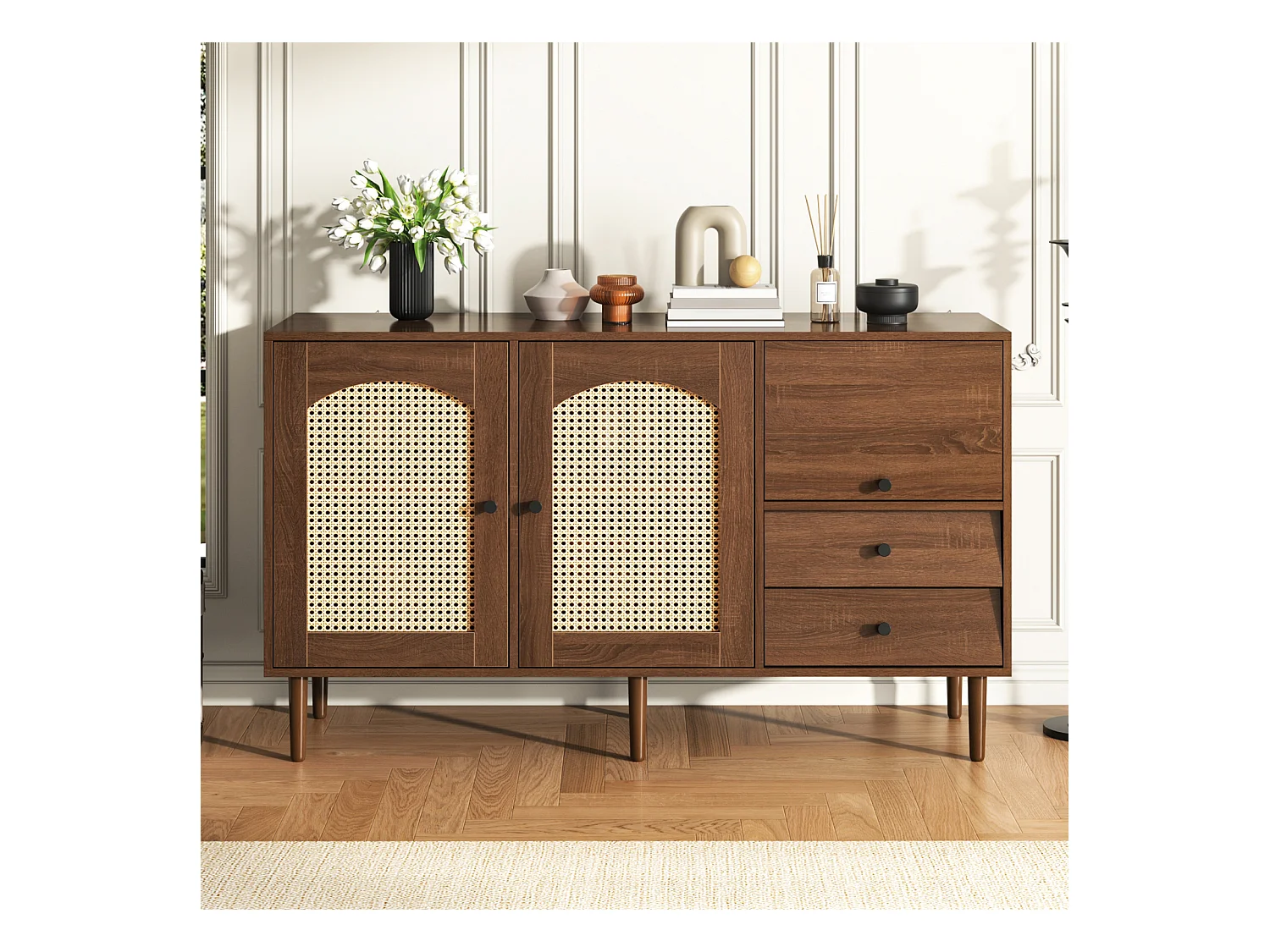 Buffet avec insert en rotin - Commode moderne avec 3 portes et 2 tiroirs irréguliers - Bois foncé