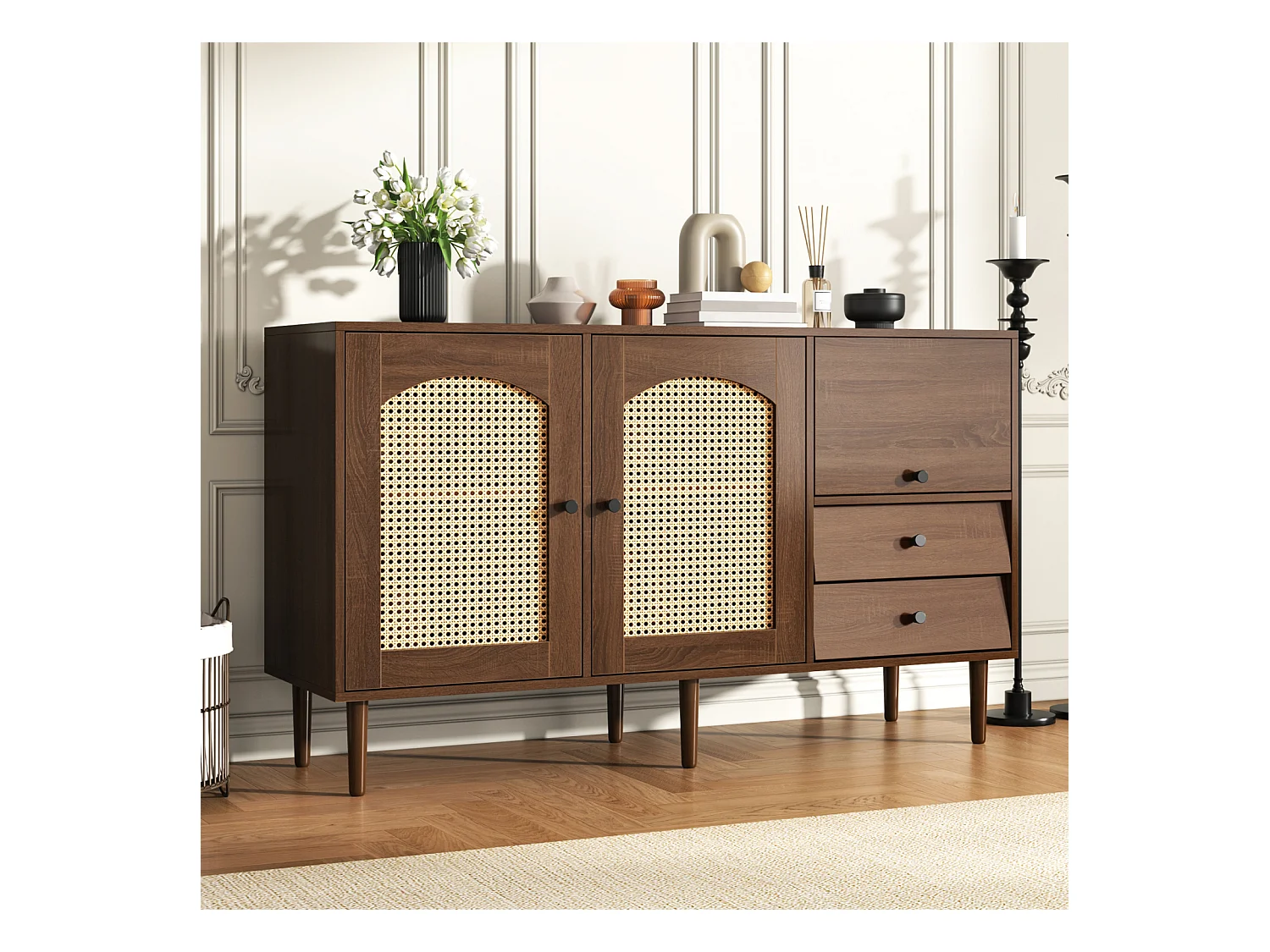 Buffet avec insert en rotin - Commode moderne avec 3 portes et 2 tiroirs irréguliers - Bois foncé