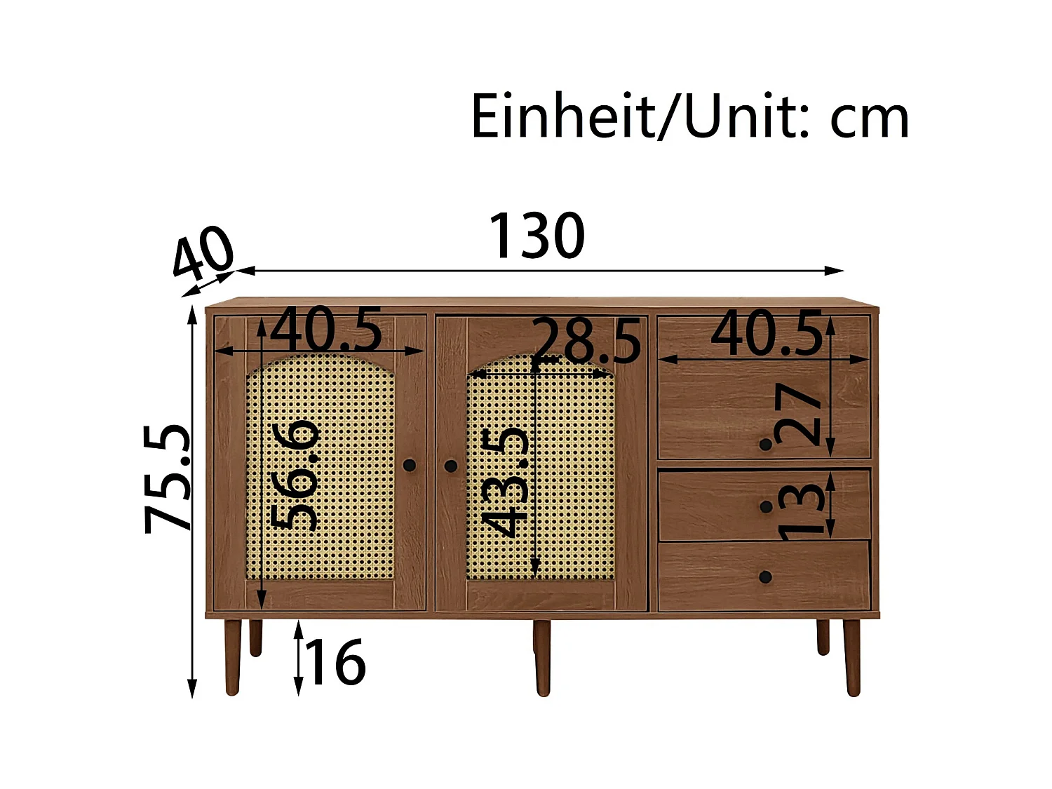 Buffet avec insert en rotin - Commode moderne avec 3 portes et 2 tiroirs irréguliers - Bois foncé