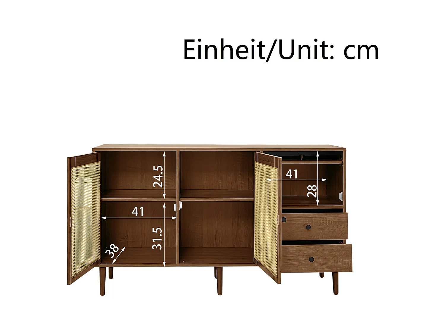 Buffet avec insert en rotin - Commode moderne avec 3 portes et 2 tiroirs irréguliers - Bois foncé