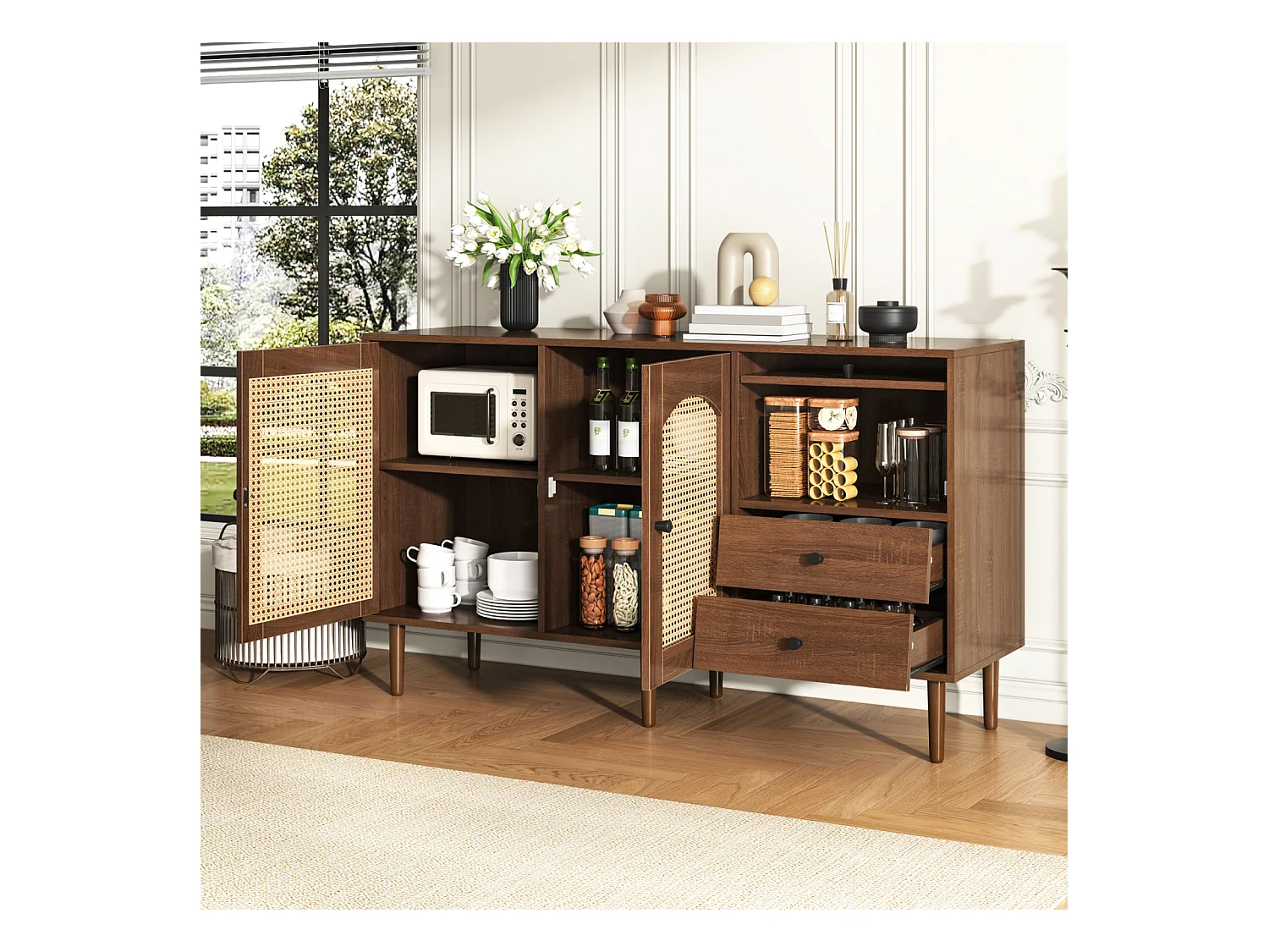 Buffet avec insert en rotin - Commode moderne avec 3 portes et 2 tiroirs irréguliers - Bois foncé