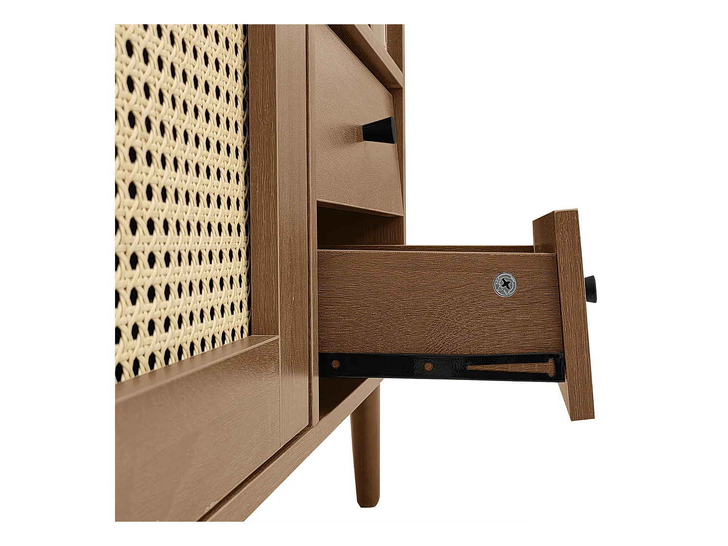 Aparador com inserto de vime - Cômoda moderna com 3 portas e 2 gavetas irregulares - Madeira escura