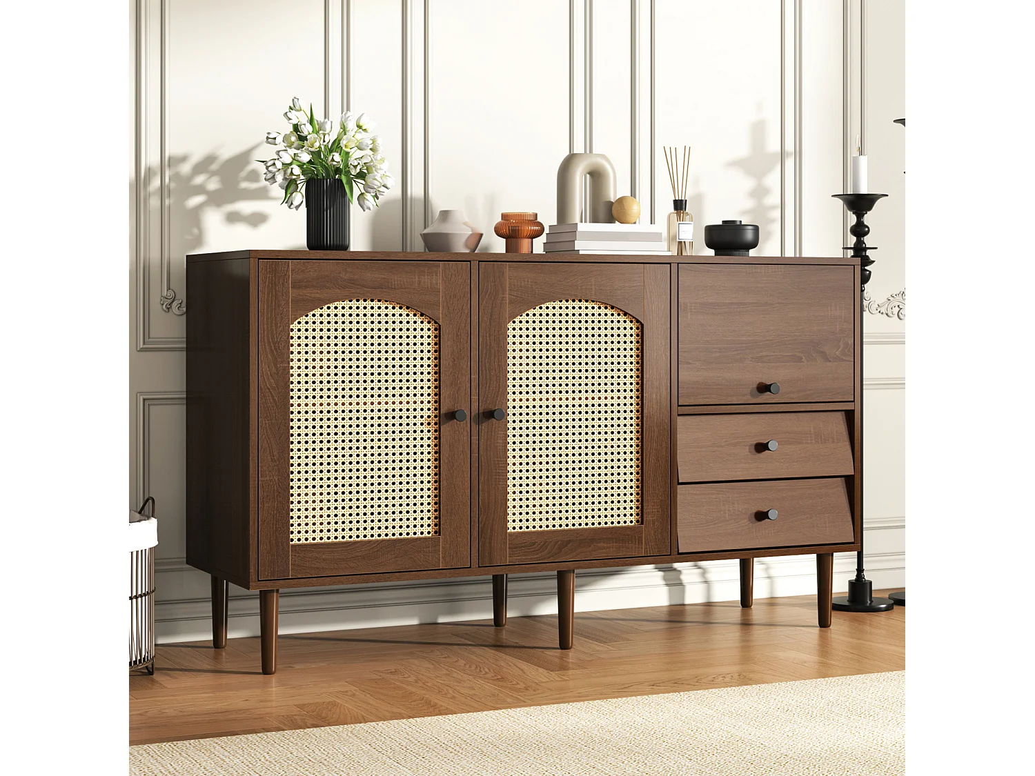 Dressoir met rotan inzetstuk - Moderne commode met 3 deuren en 2 onregelmatige laden - Donker hout