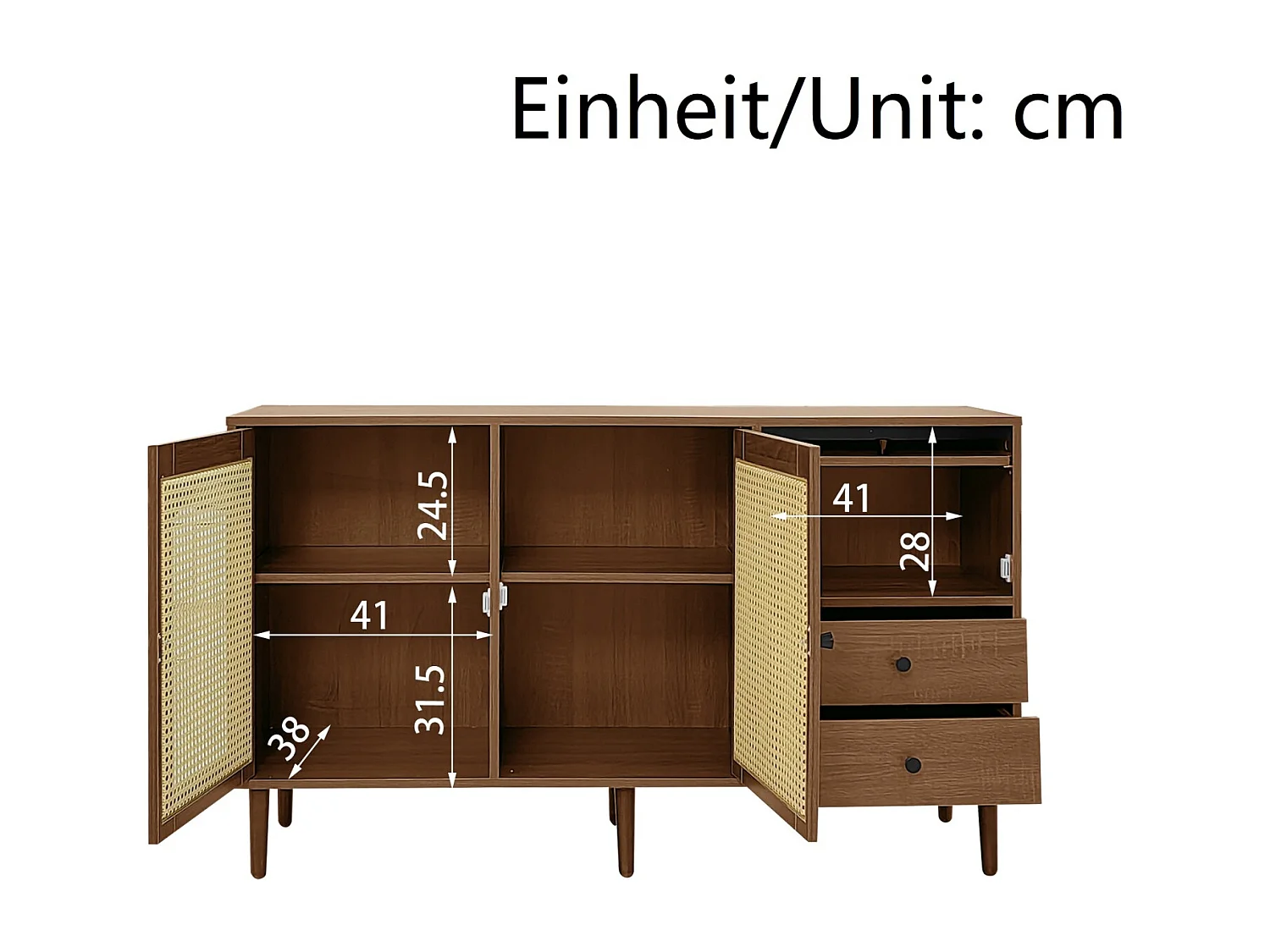 Dressoir met rotan inzetstuk - Moderne commode met 3 deuren en 2 onregelmatige laden - Donker hout