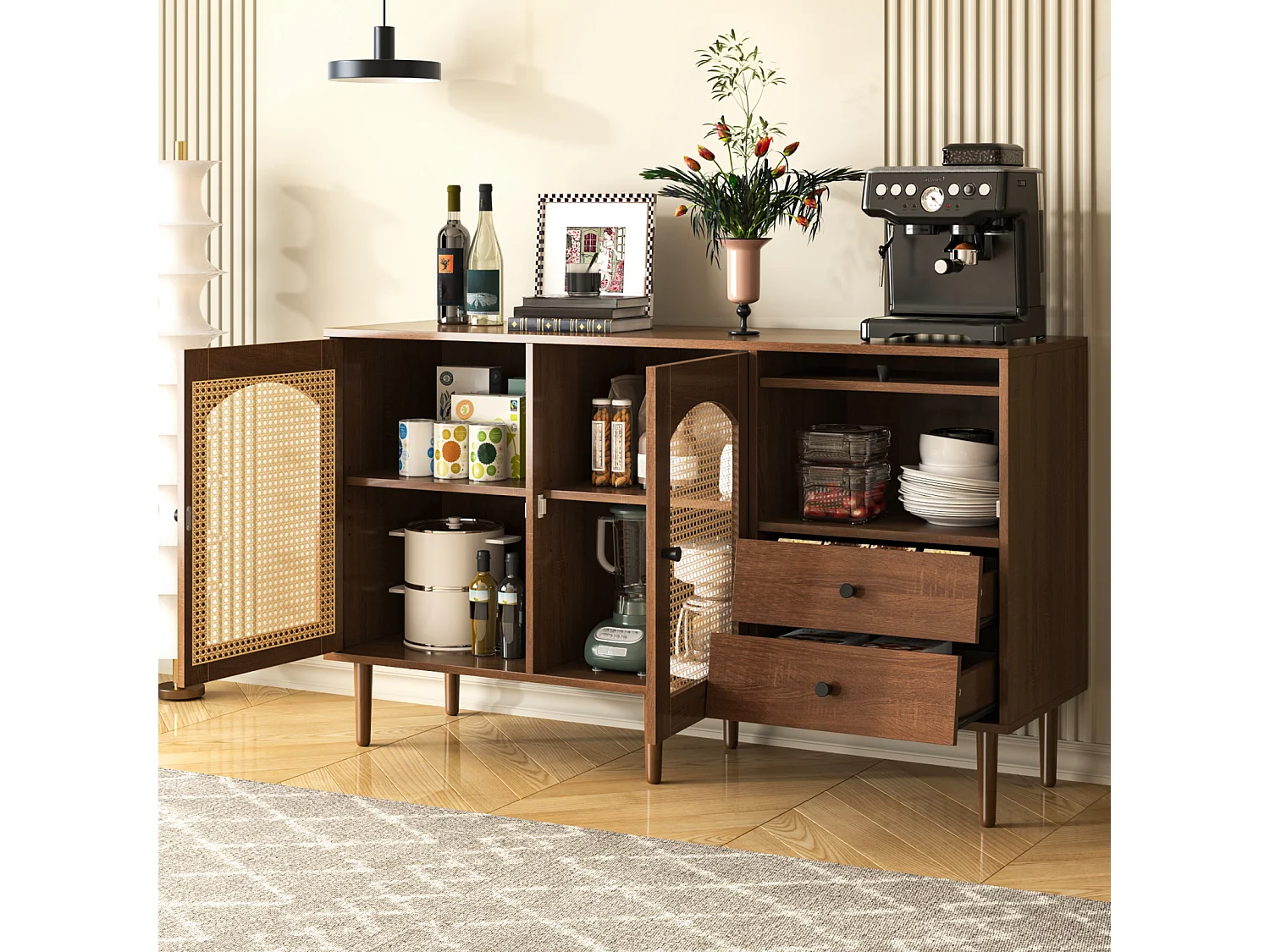 Dressoir met rotan inzetstuk - Moderne commode met 3 deuren en 2 onregelmatige laden - Donker hout