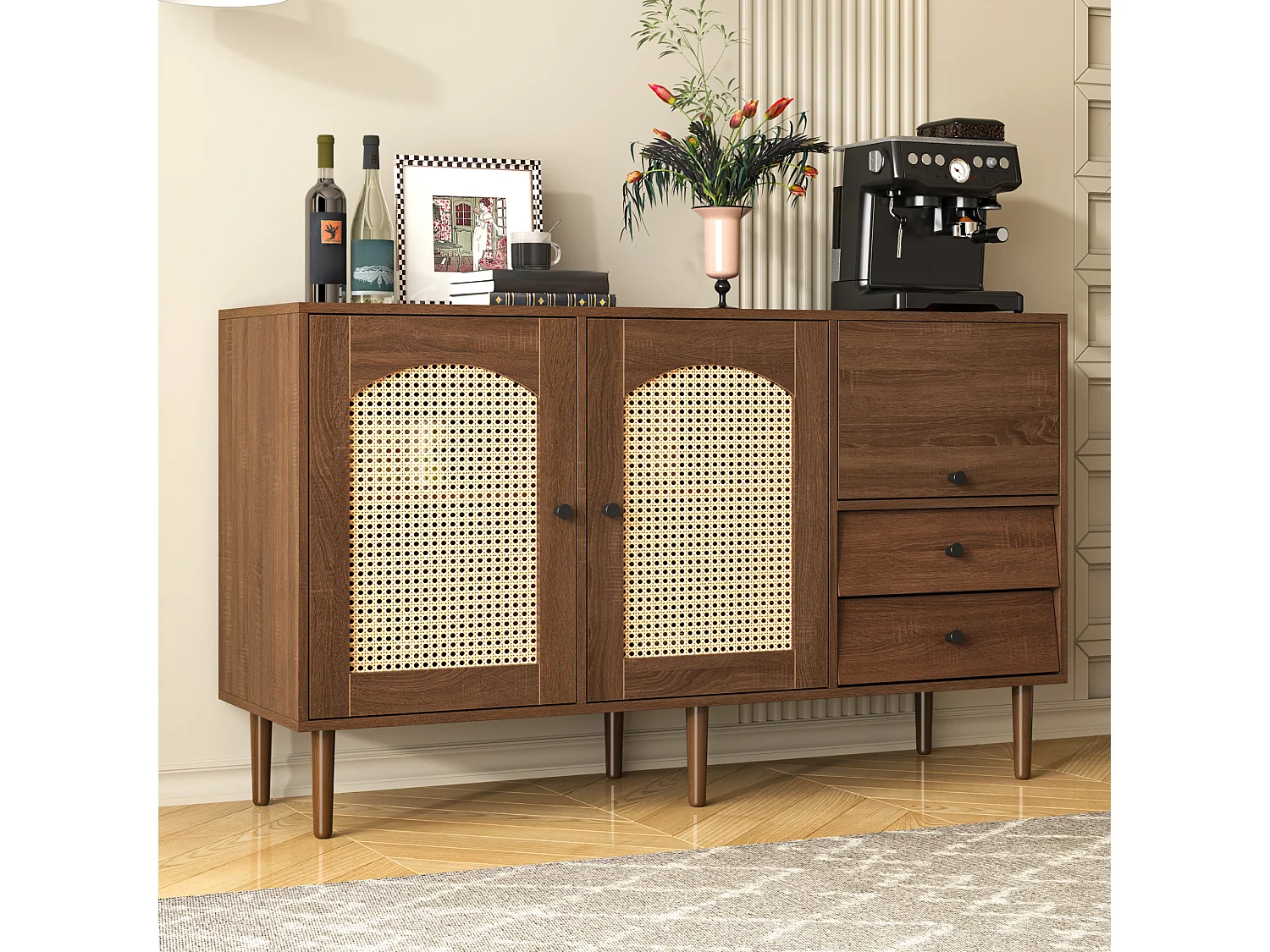 Dressoir met rotan inzetstuk - Moderne commode met 3 deuren en 2 onregelmatige laden - Donker hout