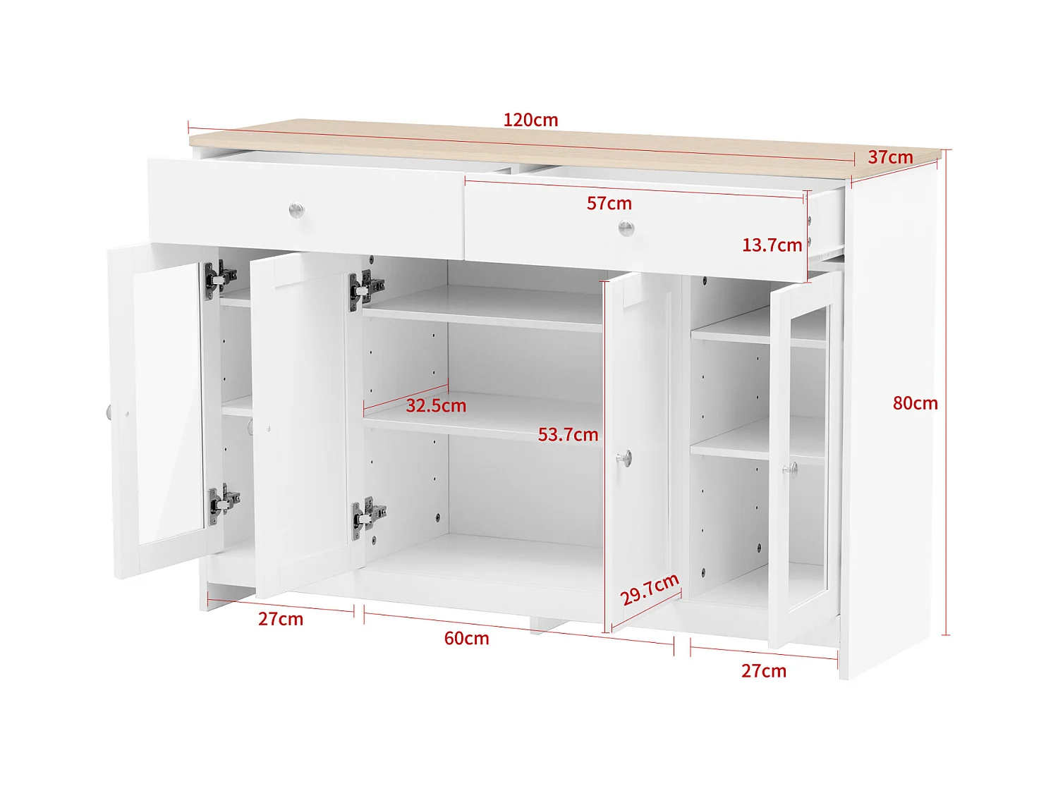 Buffet en Bois Blanc, Quatre Portes, Deux tiroirs, salon, Salle à Manger- Plateau Aspect Bois Clai