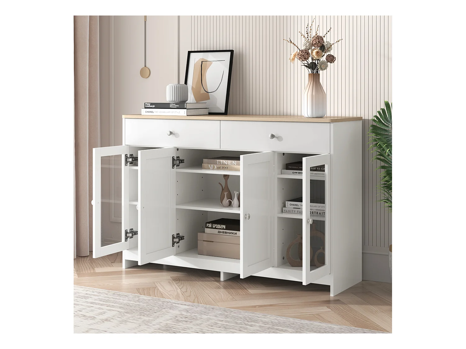 Buffet en Bois Blanc, Quatre Portes, Deux tiroirs, salon, Salle à Manger- Plateau Aspect Bois Clai