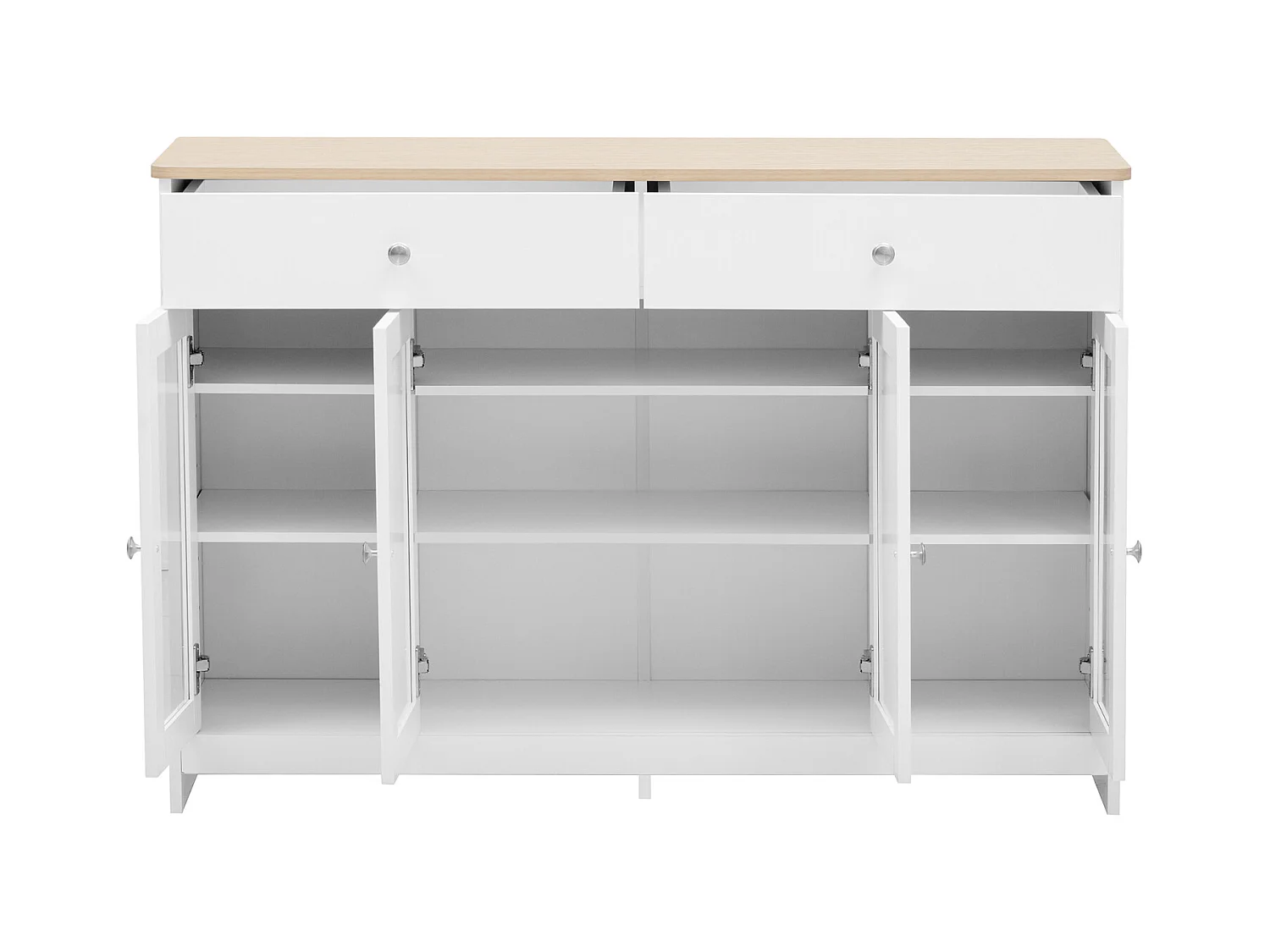 Buffet en Bois Blanc, Quatre Portes, Deux tiroirs, salon, Salle à Manger- Plateau Aspect Bois Clai