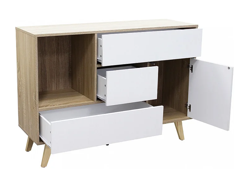 Wohnzimmer-Sideboard Emory aus Melamin mit Schubladen und Tür - Weiß