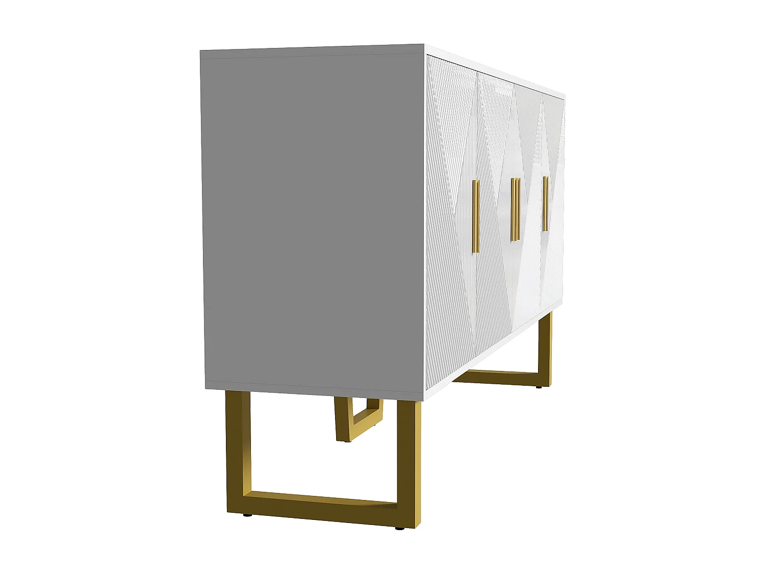 Aparador branco moderno com 4 portas texturizadas, frente brilhante, puxadores dourados