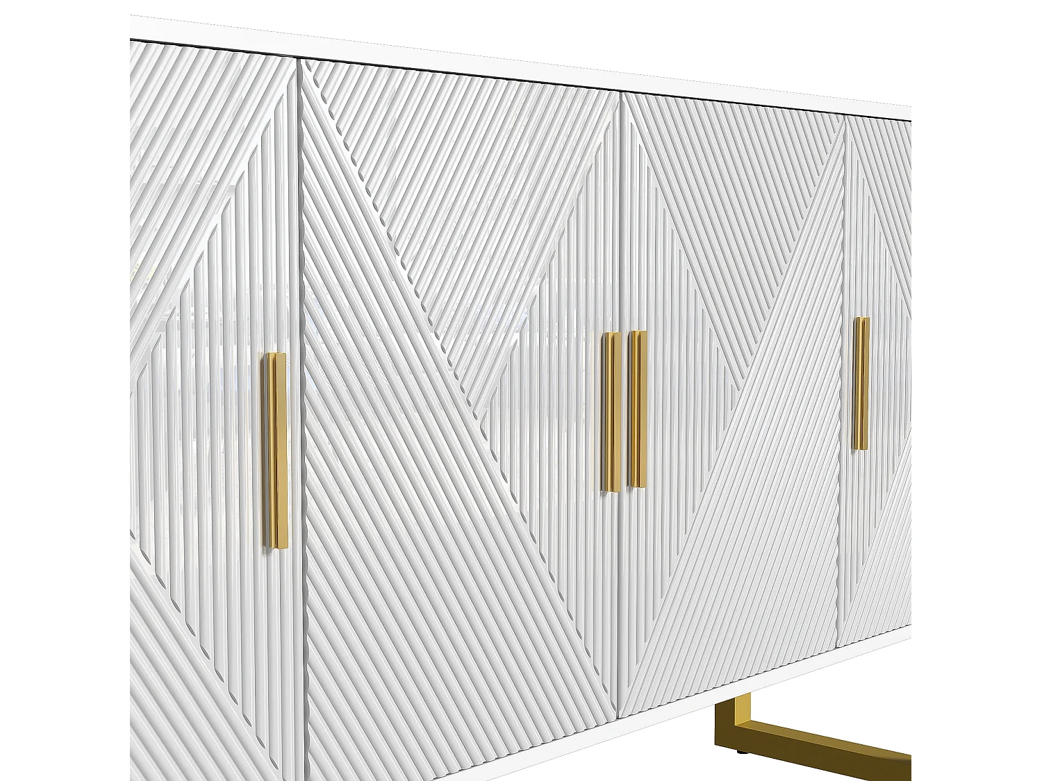 Aparador branco moderno com 4 portas texturizadas, frente brilhante, puxadores dourados