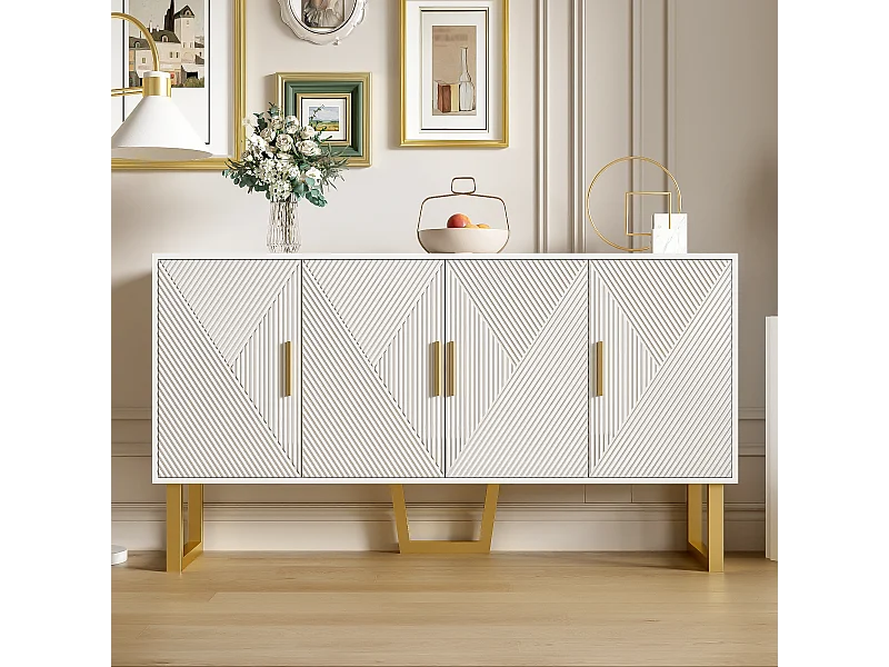 Aparador blanco moderno con 4 puertas texturizadas, frente brillante y tiradores dorados.