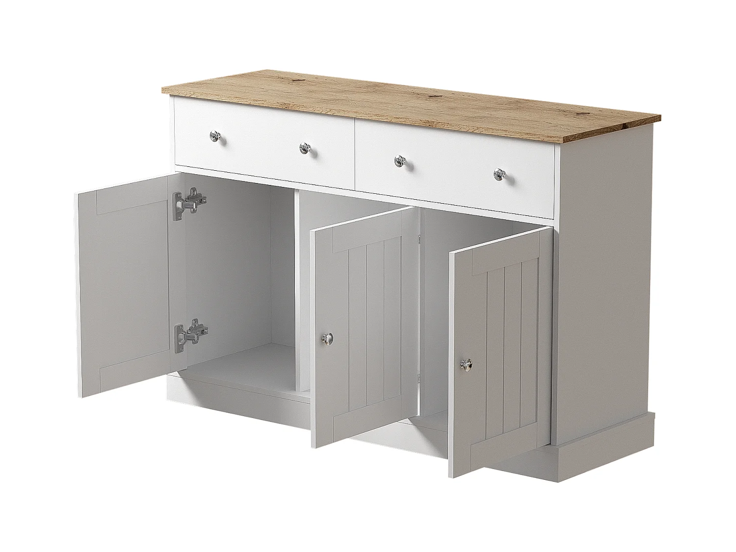 Elegante aparador para sala de estar, armário de cozinha com 3 portas e 2 gavetas, decoração em carvalho e branco