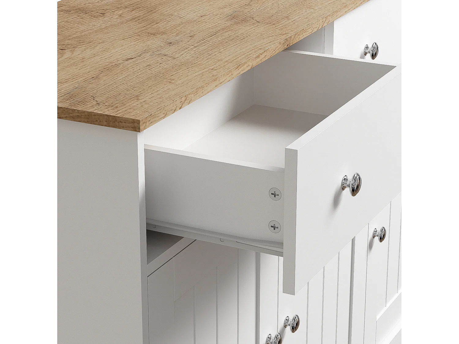 Aparador elegante para sala de estar, armário de cozinha com 3 portas e 2 gavetas, acabamento em carvalho e branco.