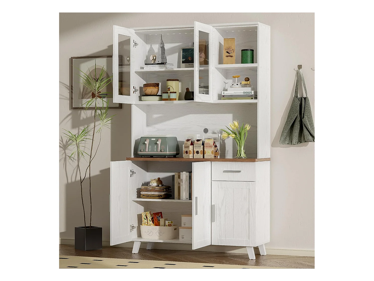 Buffet - Armoire de cuisine avec 5 portes et tiroir - Armoire haute moderne - Blanc