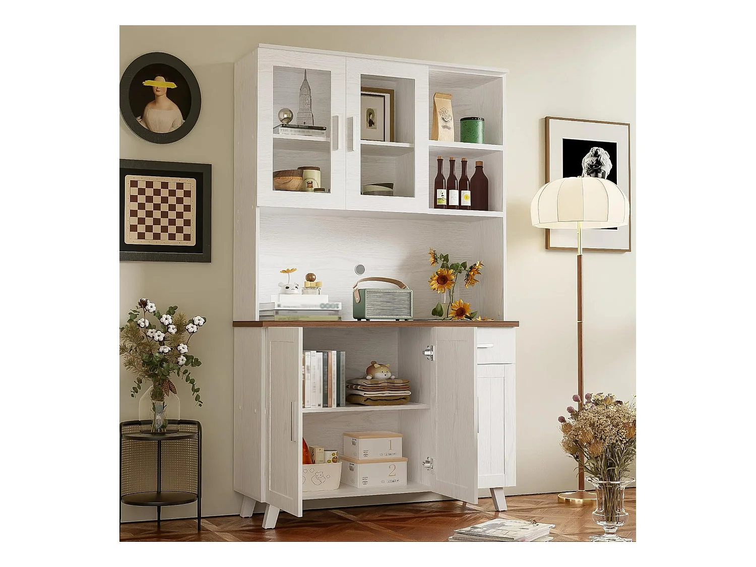 Buffet - Armoire de cuisine avec 5 portes et tiroir - Armoire haute moderne - Blanc