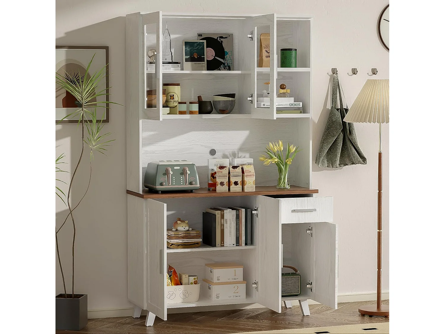 Buffet - Armoire de cuisine avec 5 portes et tiroir - Armoire haute moderne - Blanc