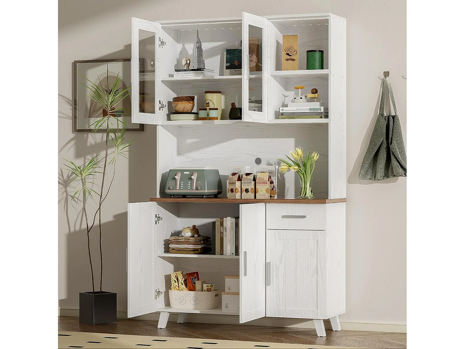 Buffet - Armoire de cuisine avec 5 portes et tiroir - Armoire haute moderne - Blanc