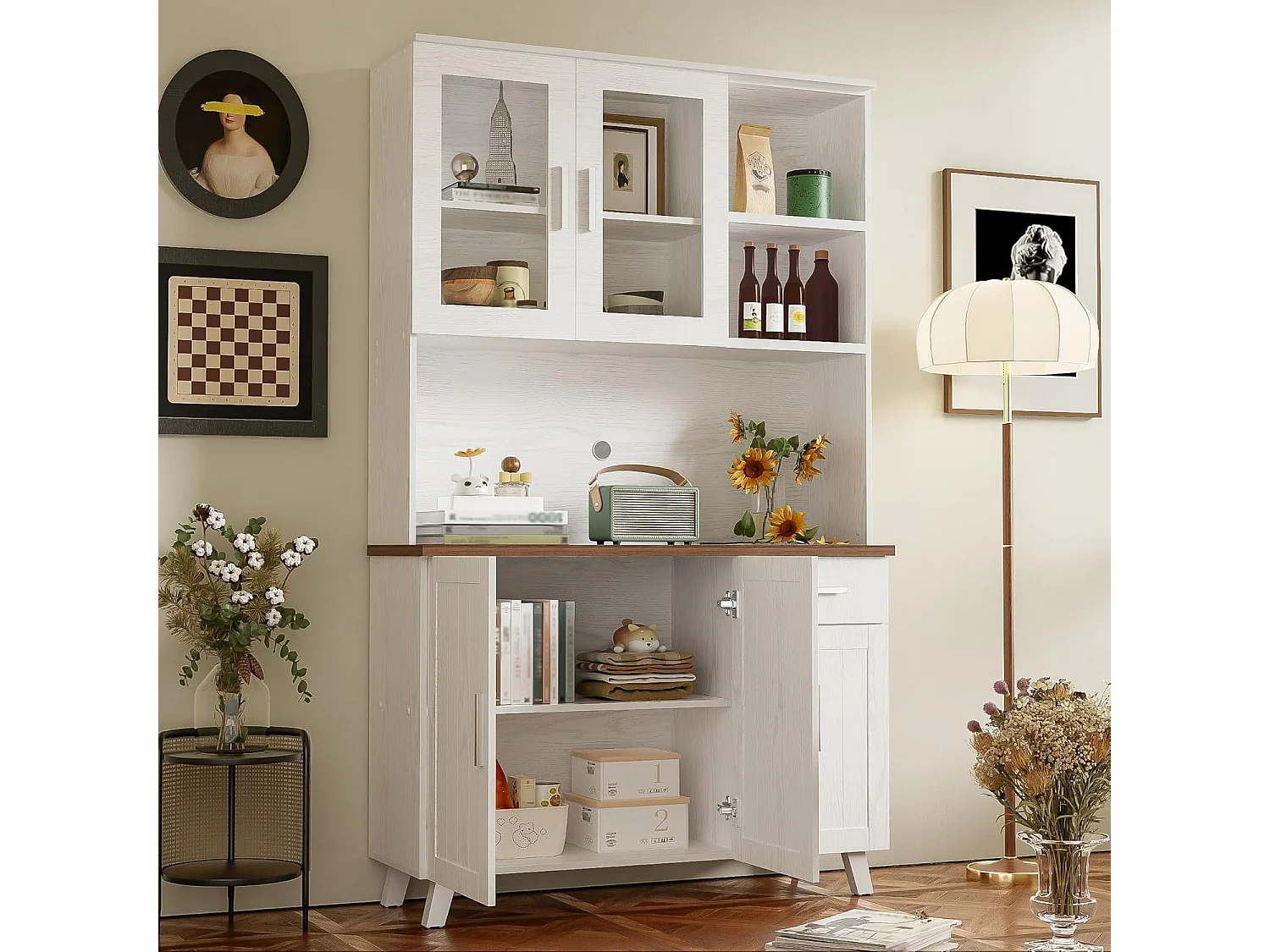 Buffet - Armoire de cuisine avec 5 portes et tiroir - Armoire haute moderne - Blanc