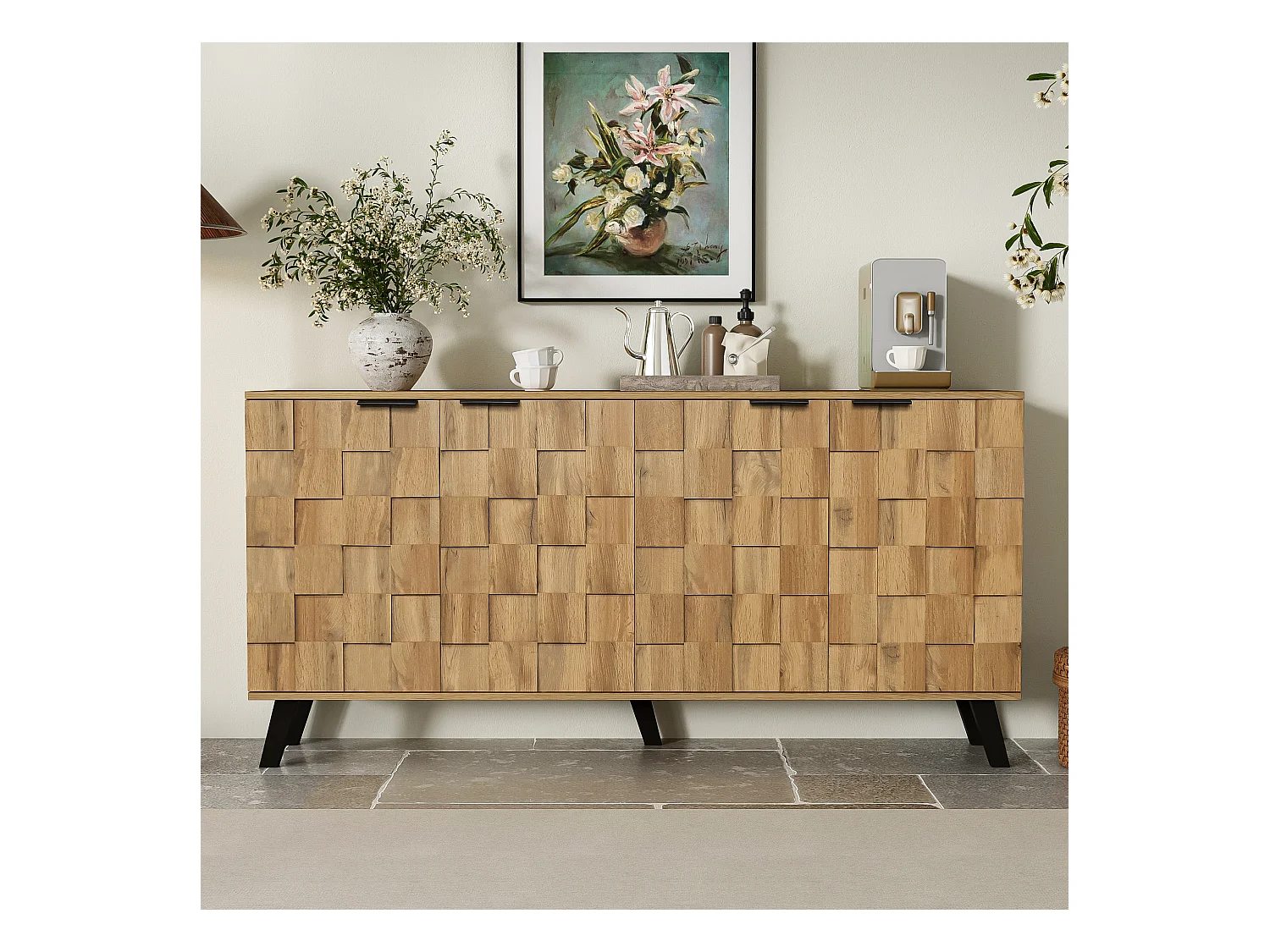 Buffet Salon avec 4 Portes, Armoire de Salon avec Pieds d'Armoire en PVC