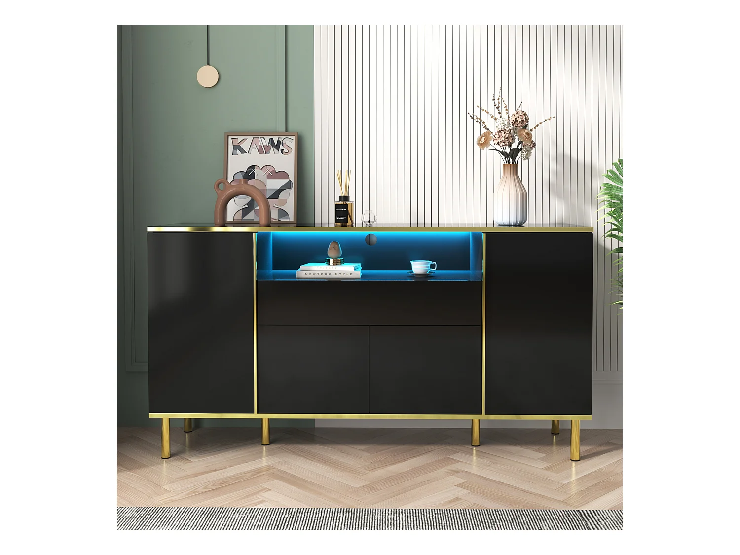 Meuble de Rangement Noir Buffet avec Quatre Portes et Deux tiroirs Armoire LED Moderne