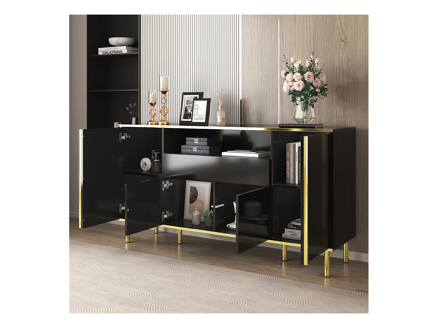 Meuble de Rangement Noir Buffet avec Quatre Portes et Deux tiroirs Armoire LED Moderne