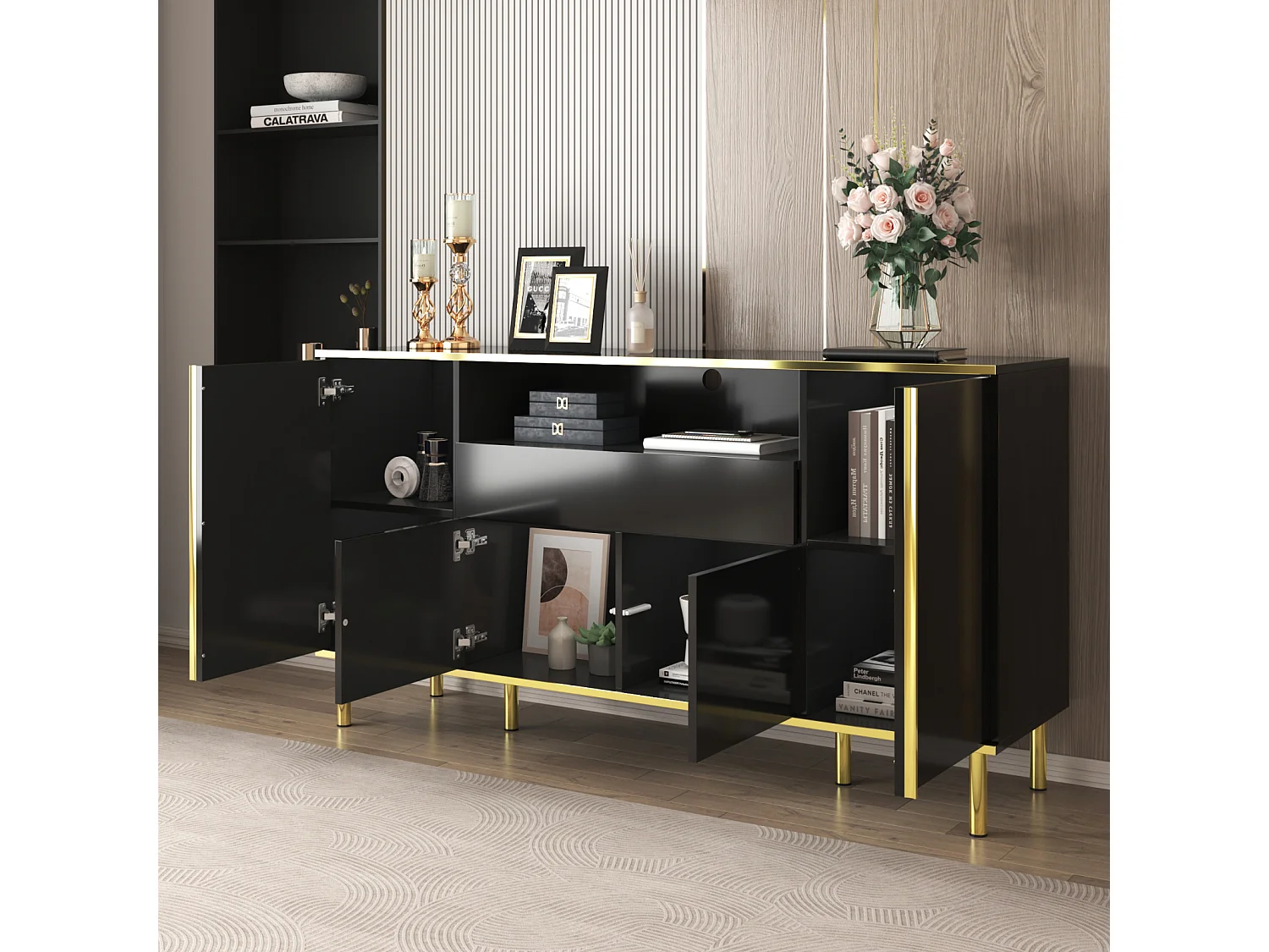 Armário de armazenamento lateral preto com quatro portas e duas gavetas, armário LED moderno