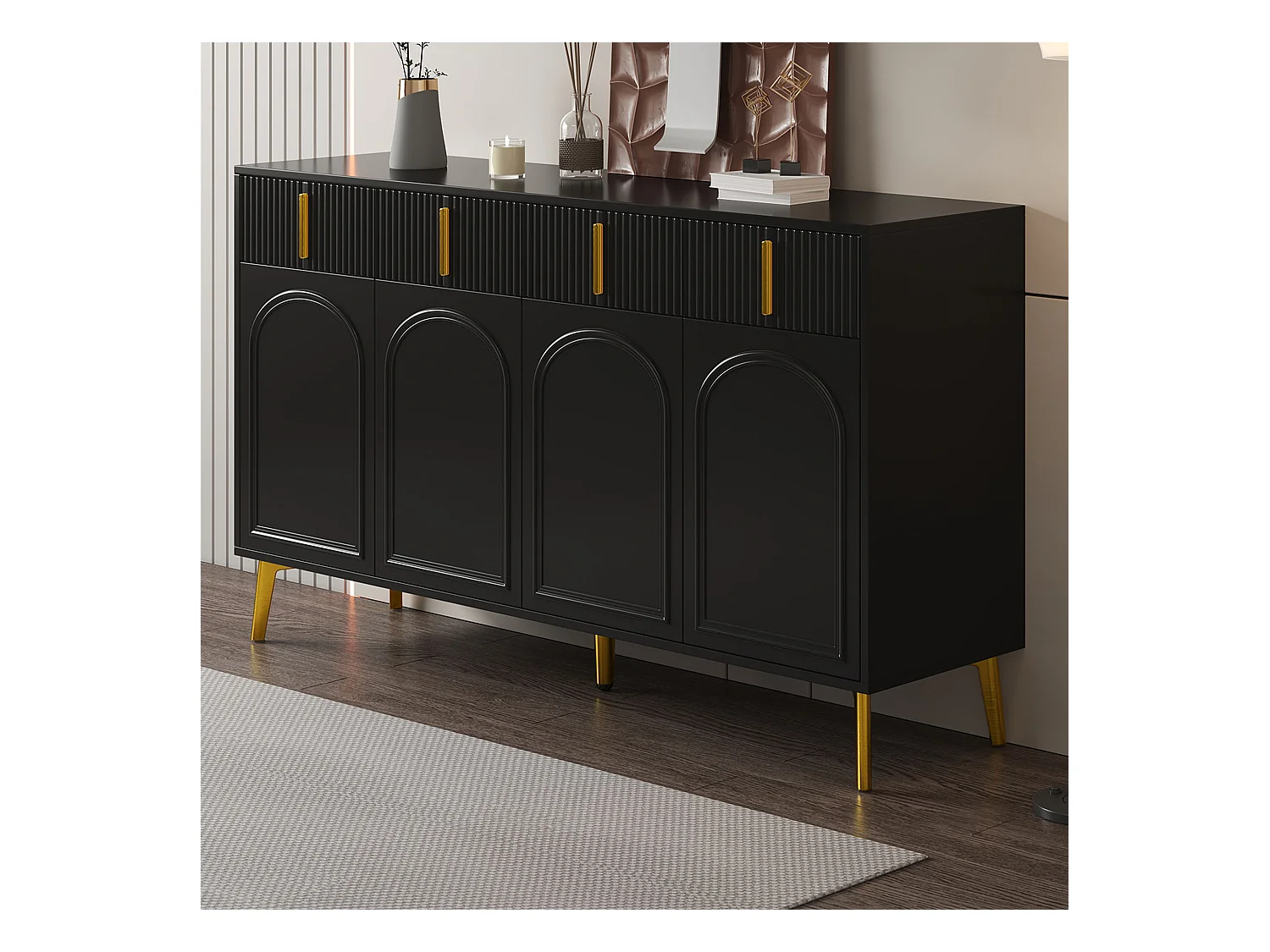 Buffet avec 4 tiroirs et 4 portes, armoire de buffet, avec poignées et pieds dorés,  noir