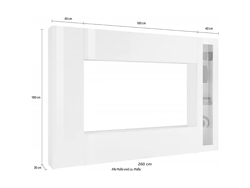 Parete soggiorno Maruska 1 vetrina– 260x180x30 – Bianco Lucido