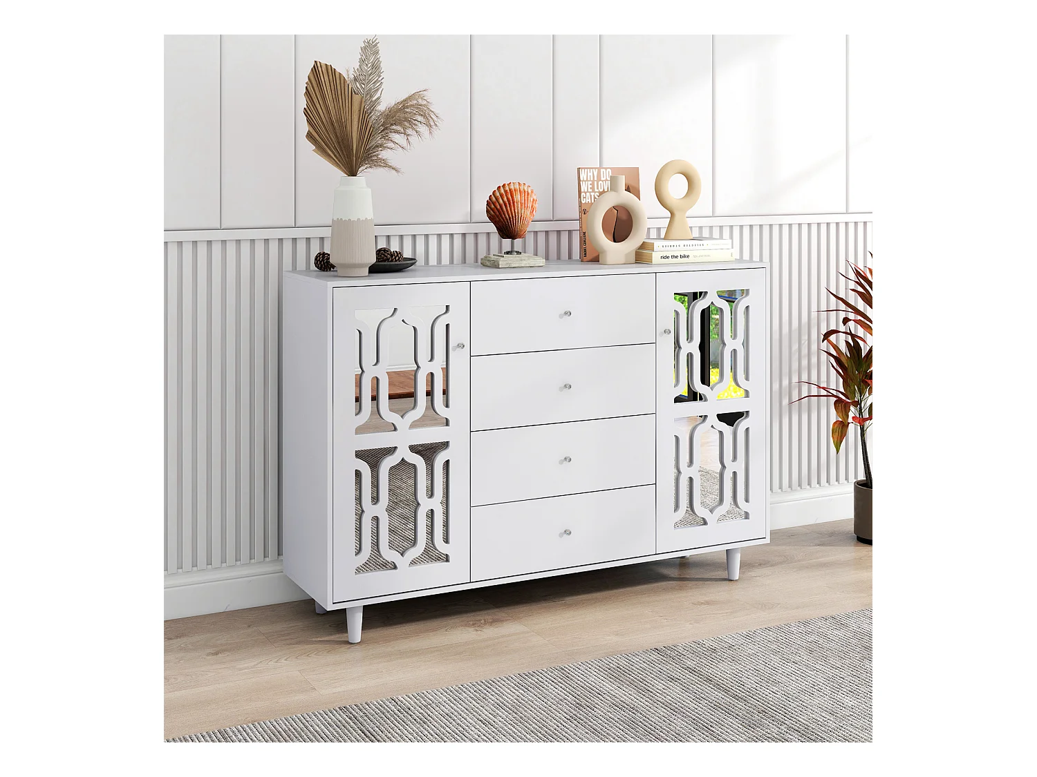 Buffet miroir moderne avec 2 portes et 4 tiroirs - Armoire avec poignées en cristal - Blanc