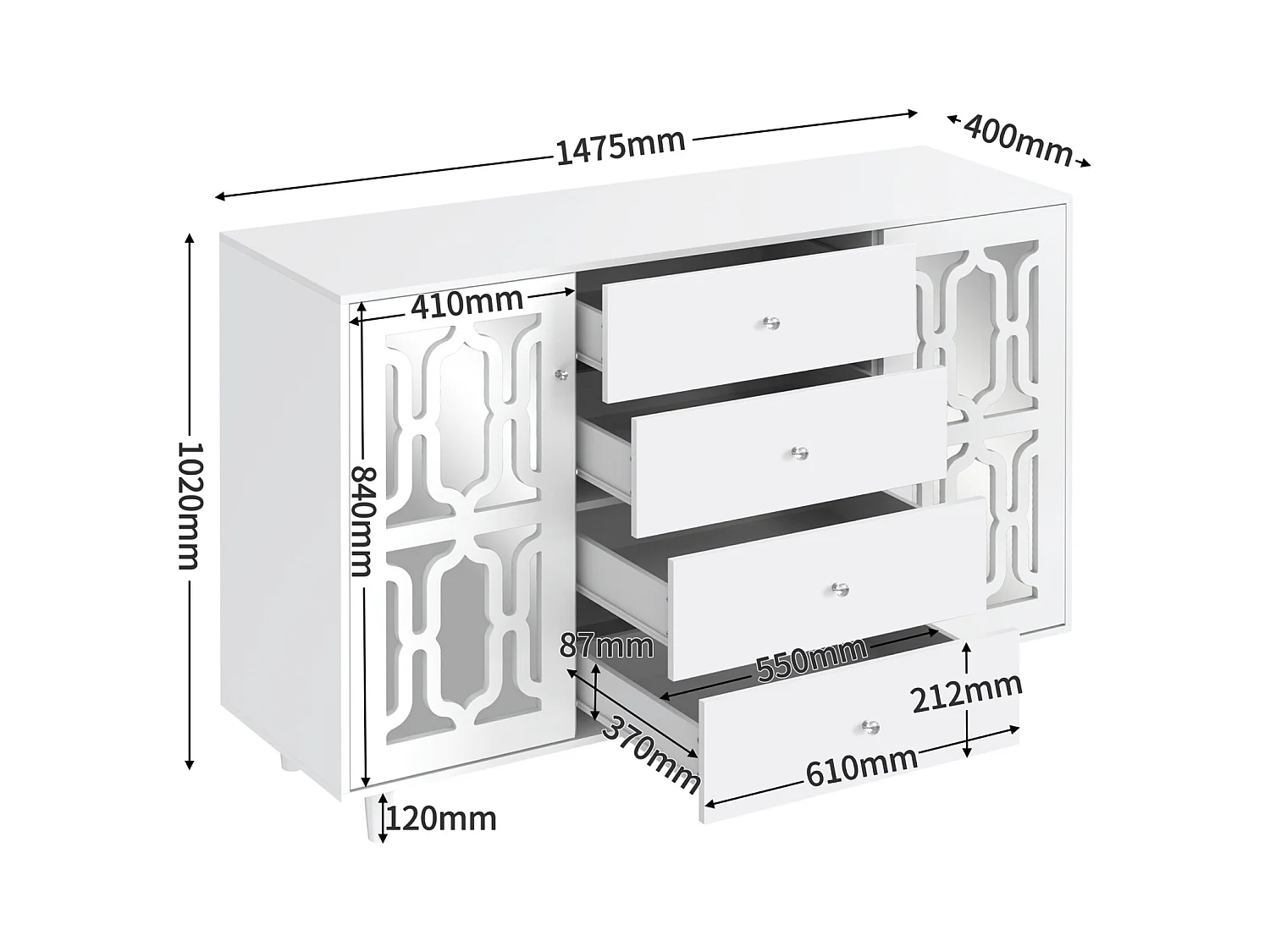 Buffet miroir moderne avec 2 portes et 4 tiroirs - Armoire avec poignées en cristal - Blanc