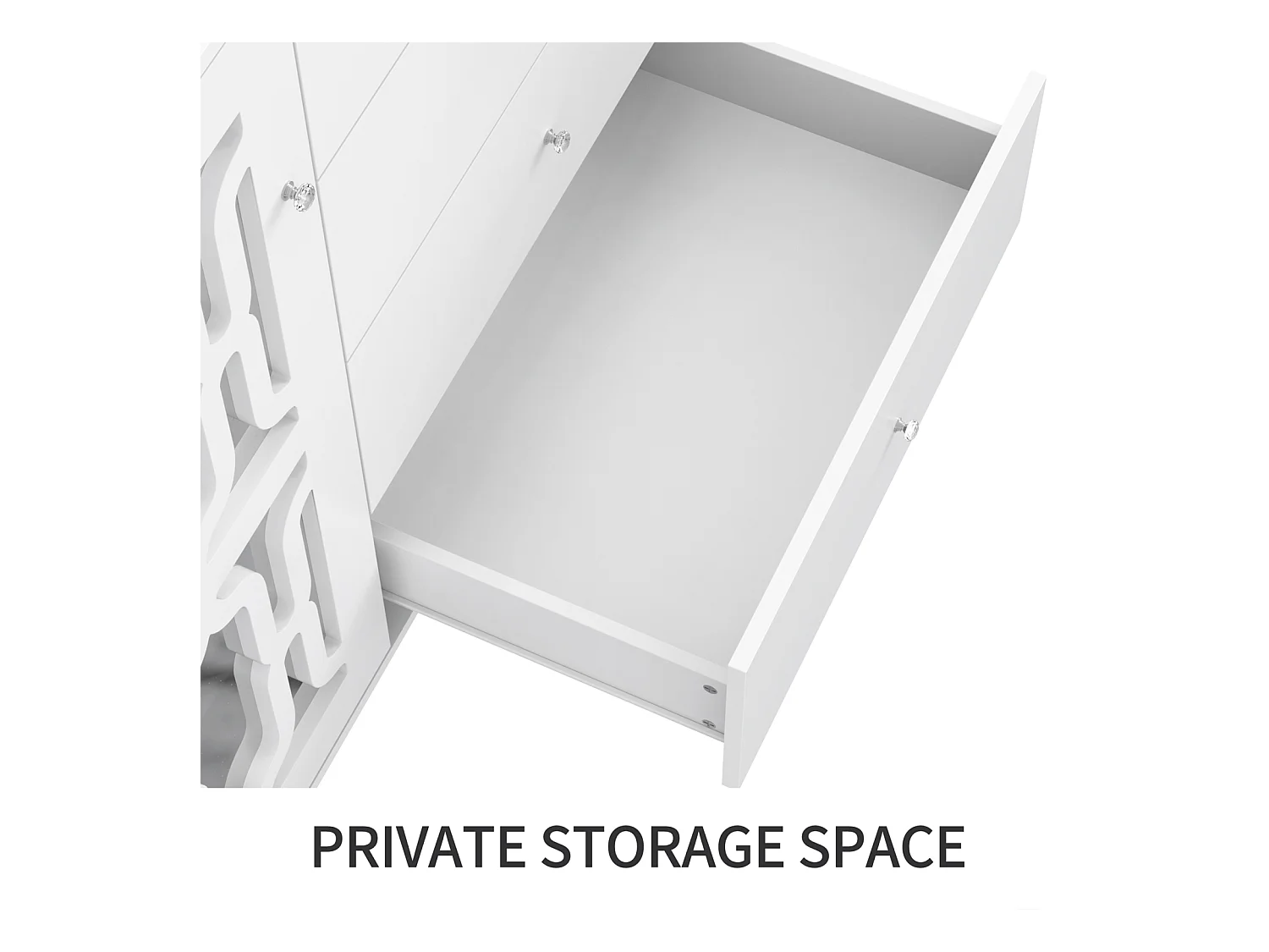 Buffet miroir moderne avec 2 portes et 4 tiroirs - Armoire avec poignées en cristal - Blanc